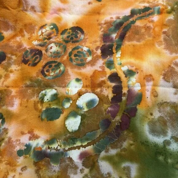 Vibrant Orange and Green Patterned Batik Fabric - Picture 1 of 6